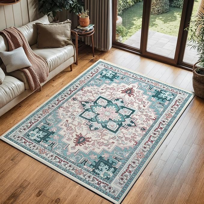 3x5 Area Rug, Vintage Floral Rug for Living Room, Small Area Rugs for Bedroom, Non-Slip Washable Rug, Traditional Persian Boho Style, Fluffy Low-Pile Soft Carpet, Light Blue