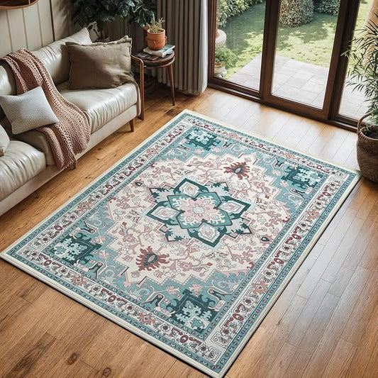 3x5 Area Rug, Vintage Floral Rug for Living Room, Small Area Rugs for Bedroom, Non-Slip Washable Rug, Traditional Persian Boho Style, Fluffy Low-Pile Soft Carpet, Light Blue