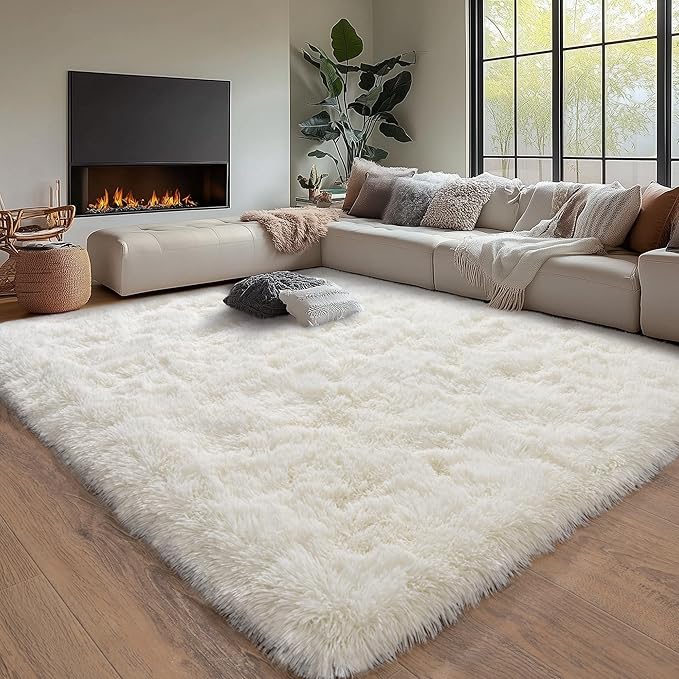 White Fluffy Rug for Bedroom 9x12 ft Large Rug - Ultra Soft & Non Slip Shaggy Area Rug, Comfy Durable Carpet for Living Room Kids Room Teens Dorm Home Decor, 1.7'' Thick Indoor Plush Carpets