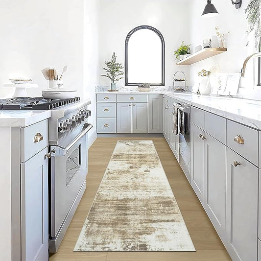 2'6''x8' Runner Rugs Washable Rug: Modern Abstract Living Room Rug Soft Anti-Skid Thin Carpet Indoor Floor Non-Shedding Carpets for Bedroom Dining Room Farmhouse Nursery Home Office - Brown White