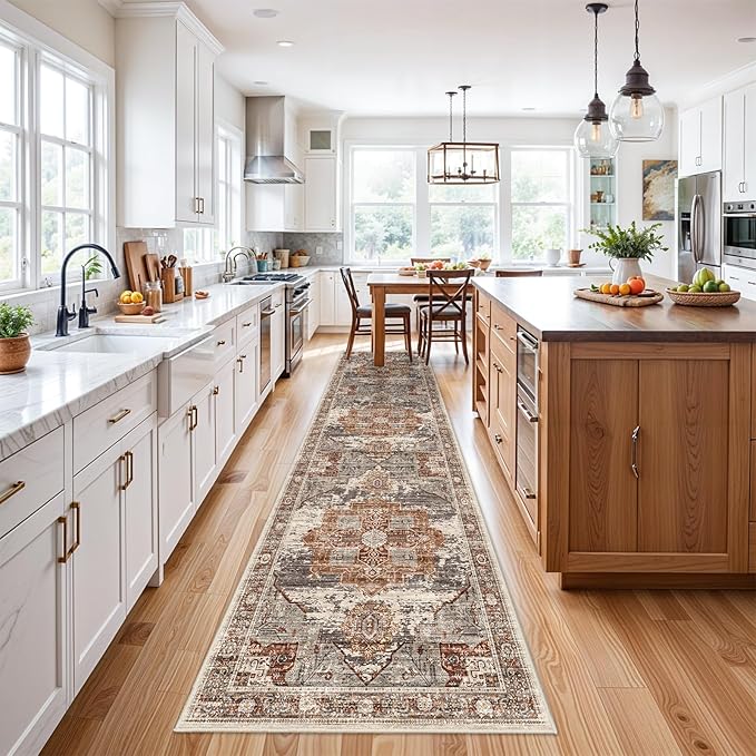 RUUGME Washable 3X12 Runner Rugs - Large Boho Rugs for Living Room Stain Resistant Carpet Vintage Tribal Rugs for Bedroom Kitchen Bathroom Non Slip Backing Home Decor Floor Decoration Mat 3x12 Brick