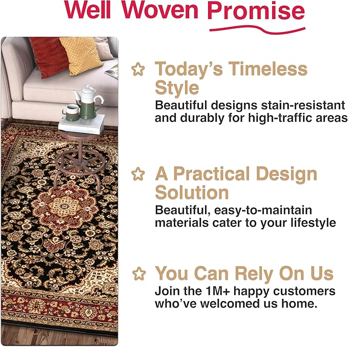 Well Woven Barclay Collection Medallion Kashan Black 2x4 Area Rug - for Entryways, Small Bedrooms, Living Rooms