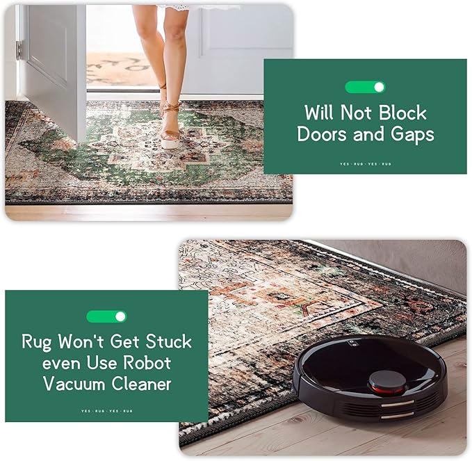 2x8 Runner Rug Green Boho Area Rugs for Hallway Indoor Laundry Room Bathroom Lightweight Non Slip Vintage Rug Washable Retro Distressed Carpet
