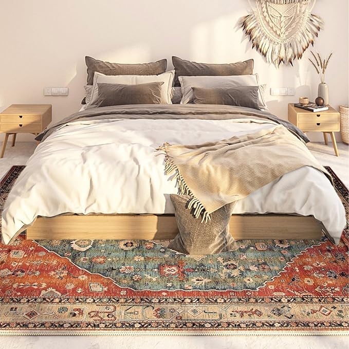 Yancorp 4'x6' Boho Area Rug for Bedroom Non Slip Washable Rug Vintage Carpet Living Room Non-Shedding Hallway Runner Rug Indoor Floor Mats Bedroom Kitchen Entryway Rugs-Rectangle Red