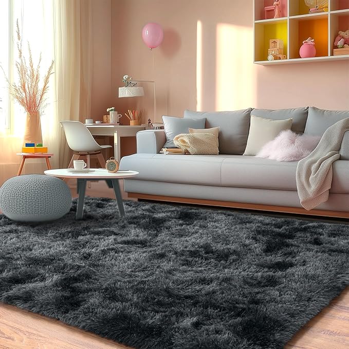 Shaggy Soft Fluffy Rug Non-Slip Indoor Floor Carpet for Living Room Anti-Skid Indoor Carpet Tie-Dyed Black Grey 5x7 Feet