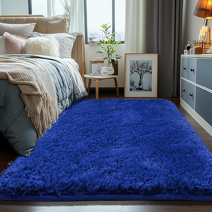 Zentavio Blue Rug Boys Rugs for Bedroom 4x6 Dark Blue Carpet Nursery Aesthetic Kids Playroom Navy Area Rugs for Teen Home Decor Fluffy Shag Bedside Floor Living Room Carpet