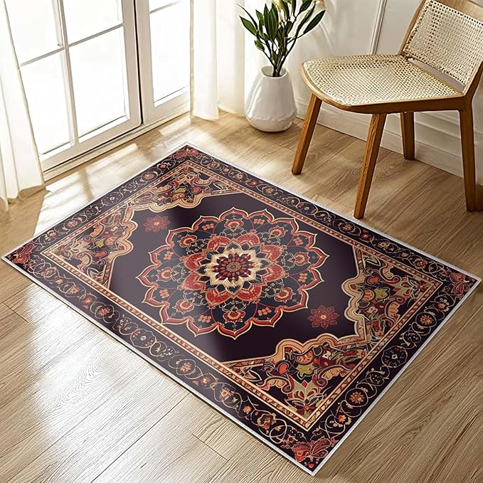 2x3 Entryway Rug Boho Black Red Vintage Oriental Area Rug Thin Small Carpet Bathroom Non Slip Indoor Entrance Low Pile Door Mat Kitchen Stain Resistant Washable Machine