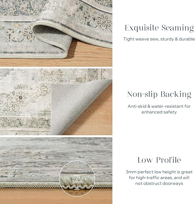 Phantoscope Hallway Runner Rug 2'x6' - Boho Washable Non-Slip Kitchen Rug Runner, Ultra-Thin Vintage Distressed Accent Throw Rug for Entryway Laundry Bathroom Bedroom, Grey/Dull Teal