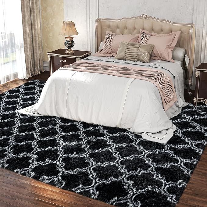 Large Rugs 8x10 Area Rugs for Living Room,Plush Fluffy Carpets for Boy and Girls Room, Modern Soft Shag Rug for Bedroom, Non Slip, Indoor Carpet for Kids Dorms Home Office Decor, Black