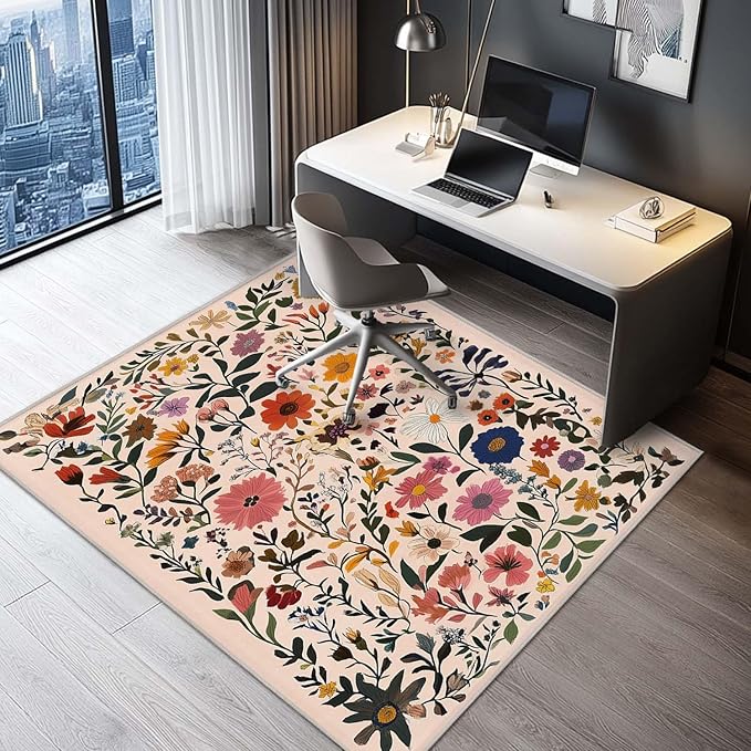 4x6 Rug Boho Floral Area Rug Bedroom Ultra-Thin Soft Low Pile Large Carpet Living Room Non Slip Dining Room Office Stain Resistant Washable Machine