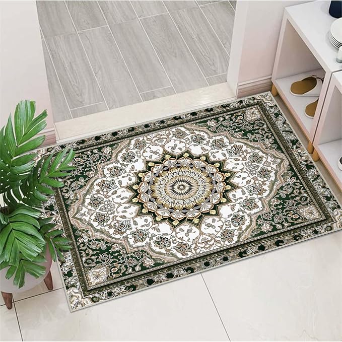 2x3 Entryway Rug Traditional Oriental Vintage White Dark Green Area Rug Indoor Entrance Non Slip Door Mat Stain Resistant Washable Machine Soft Low Pile Small Carpet Bathroom Kitchen