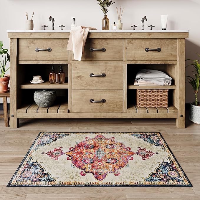 Dripex 2x3 Area Rugs, Machine Washable Non Slip Boho Rugs,Distressed Small Entryway Rug Doormat, No Pile Lightweight Vintage Rug, Floor Carpet for Indoor Front Entrance Kitchen Bathroom,Red and Beige
