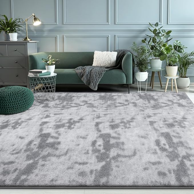 FlyDOIT Large Area Rugs for Living Room Bedroom, 7x10 Ft Tie-Dyed Light Grey Ultra Soft Comfy Thickened Memory-Foam Indoor Carpet, Cozy Modern Floor Rug for Boys Girls Playroom Dorm Nursery Home Décor