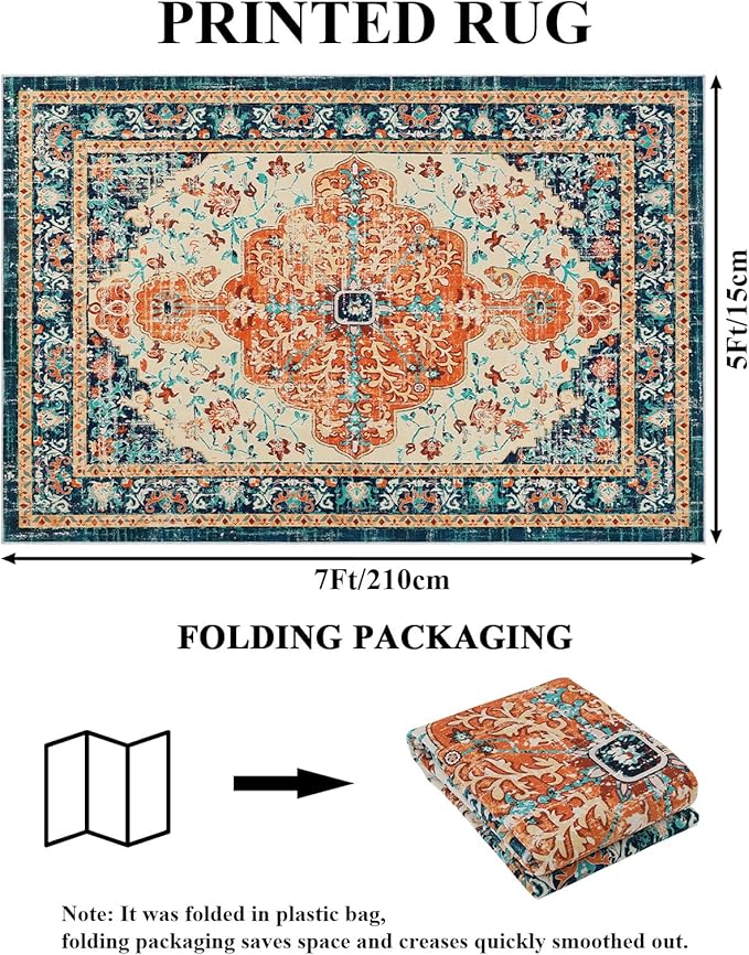 U'Artlines Boho Vintage Area Rug 5x7 Machine Washable Low Pile Soft Floor Carpet Non Slip Non Shedding Accent Rug for Living Room Bedroom Entryway Dining Room Office Orange/Multi