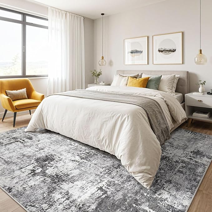 10x12 Area Rug Living Room: Washable Large Abstract Modern Soft Rugs Stain Resistant Indoor Floor Non Slip Accent Carpet for Bedroom Nursery Playroom Office Dining Room Dorm Home House- Black Gray
