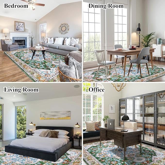 U'Artlines Boho Vintage Area Rug 8x10 Machine Washable Low Pile Soft Floor Carpet Non Slip Non Shedding Accent Rug for Living Room Bedroom Entryway Dining Room Office Green
