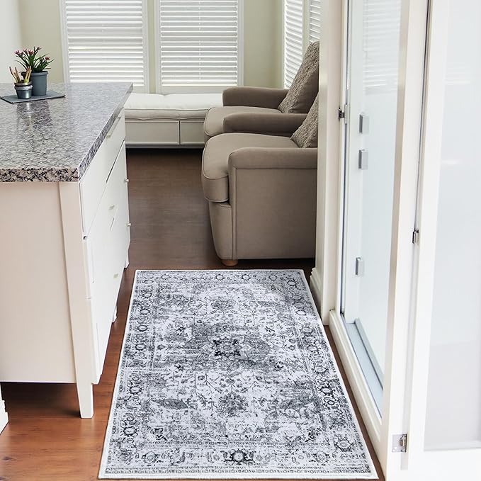 Keeko Small Rugs for Entryway, 2x3 Grey Living Room Area Rug Vintage Door Mat Accent Bedroom Bedside Rug Indoor Low Pile Retro Non Slip Front Door Print Throw Rugs for Kitchen Laundry Room Decor