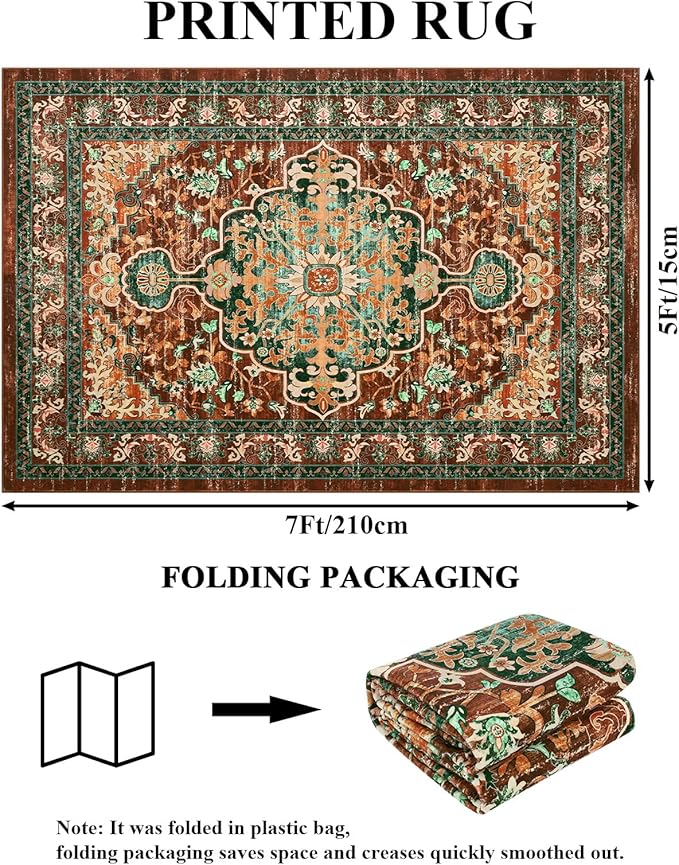 U'Artlines Boho Vintage Area Rug 5x7 Machine Washable Low Pile Ultra-Thin Soft Floor Carpet Non Slip Non Shedding Accent Rug for Living Room Bedroom Entryway Dining Room Office(Rust＆Teal)