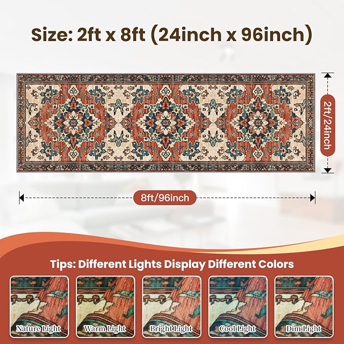 2x8 Machine Washable Non-Slip Rug & Mat - Soft Faux Wool & Polyester, Boho Stain-Resistant Indoor Carpet for Bathroom, Hallway, Kitchen, Entryway, Laundry, Living Room, Low Pile, High Traffic