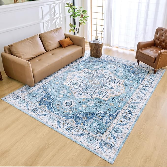 Vintage Low Pile Faux Wool Non Slip Blue Boho Area Rugs for Living Room, Bedroom, Dining Room, Kitchen, Office - 6x9 - Clearance