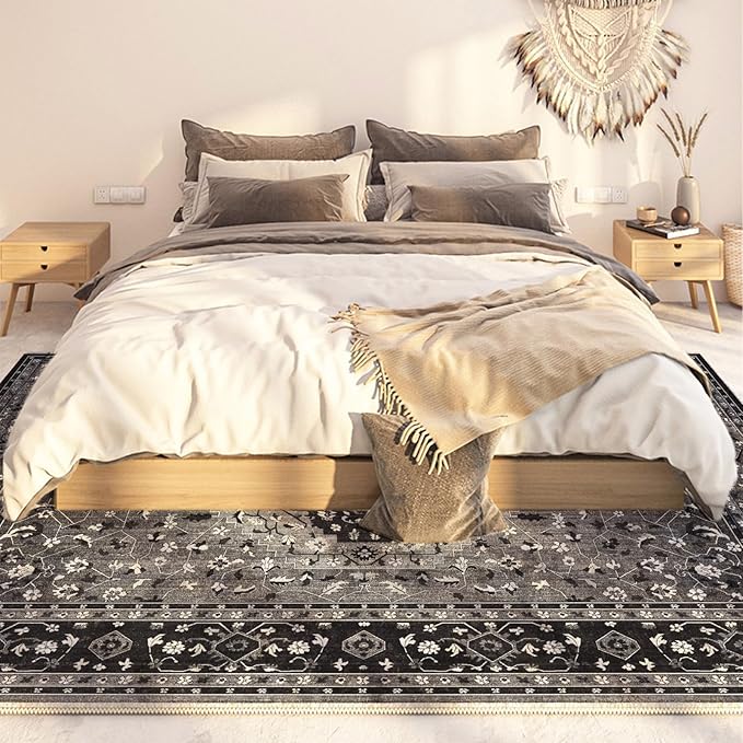 Yancorp 2'x3' Area Rug for Bedroom Non Slip Washable Rug Vintage Carpet Living Room Non-Shedding Indoor Floor Mats Bedroom Kitchen Entryway Rugs-Rectangle Black Grey