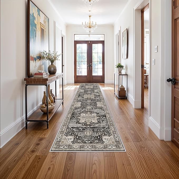 RUUGME Hallway 3x12 Runner Rugs - Large Boho Rugs for Living Room Stain Resistant Carpet Vintage Tribal Rugs for Bedroom Kitchen Bathroom Non Slip Backing Home Decor Floor Decoration Mat 3X12 Black