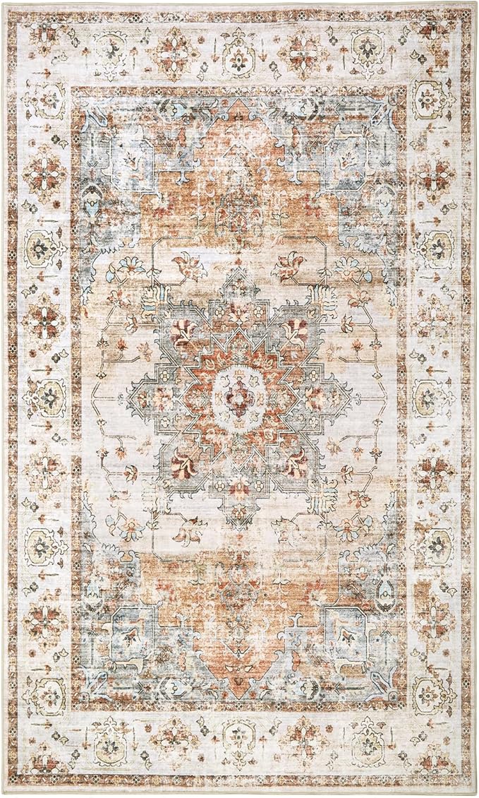 Washable Area Rug for Entryway - 3x5 Soft Indoor Vintage Print Mat Thin Foldable Lightweight Non-Slip Kitchen Bathroom Bedroom, Red