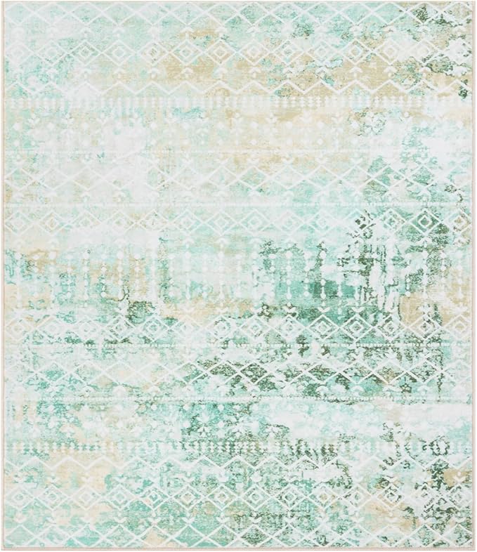 Carvapet Rugs for Living Room Bedroom, Green Boho Low Pile Large Carpet with Rubber Backing, Foldable, Non Slip Machine Washable (9 x 6 Feet Rectangular, Green Area Rug)