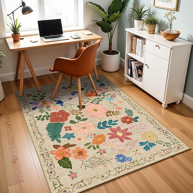 YOUFORTONG Washable Rug 3x5 Area Rugs: Soft Ultra Thin Low Pile Mat Machine Washable Indoor Doormat Lightweight Entry Rug Anti Slip Backing Rugs for Living Room Bedroom Kitchen 3'x5' Beige Floral