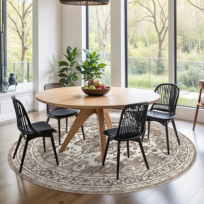 Washable Oriental Area Rug - 9ft Round Rugs for Living Room Soft Carpet for Bedroom Waterproof Floral Distressed Indoor Stain Resistant Non-Shedding Floor Carpets (Beige, 9ft-Round)