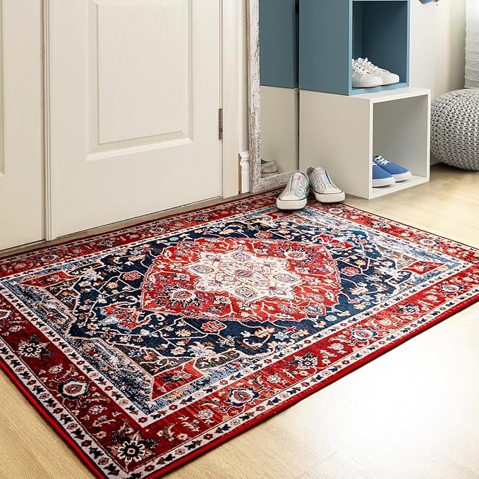 YJ.GWL Doormat Boho Area Rug 2x3, Machine Washable Small Low Pile Lightweight Thin Entryway Rug, Floral Vintage Distress Print Pattern Carpet for Entrance Kitchen Bedroom, Red