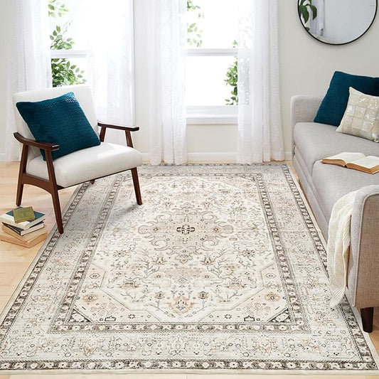 Washable Area Rug 5x7 - Bedroom Living Room Large Indoor Rugs Soft Oriental Vintage Rugs Non-Slip Backing Stain Resistant for Farmhouse Kitchen (5x7 Ivory/Multi)