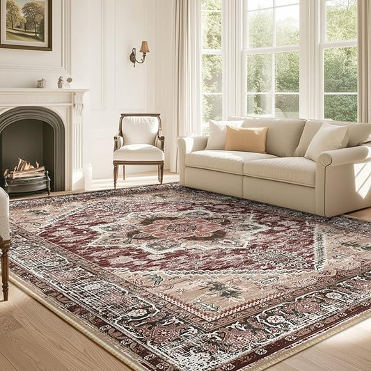 BESTSWEETIE 6x9 Area Rugs for Living Room Washable Non Slip Carpet Low Pile Soft Vintage Print Pattern Rug for Bedroom Dining Room Kitchen Entryway Indoor-Wine/Brown/Brick/Black/Light tan