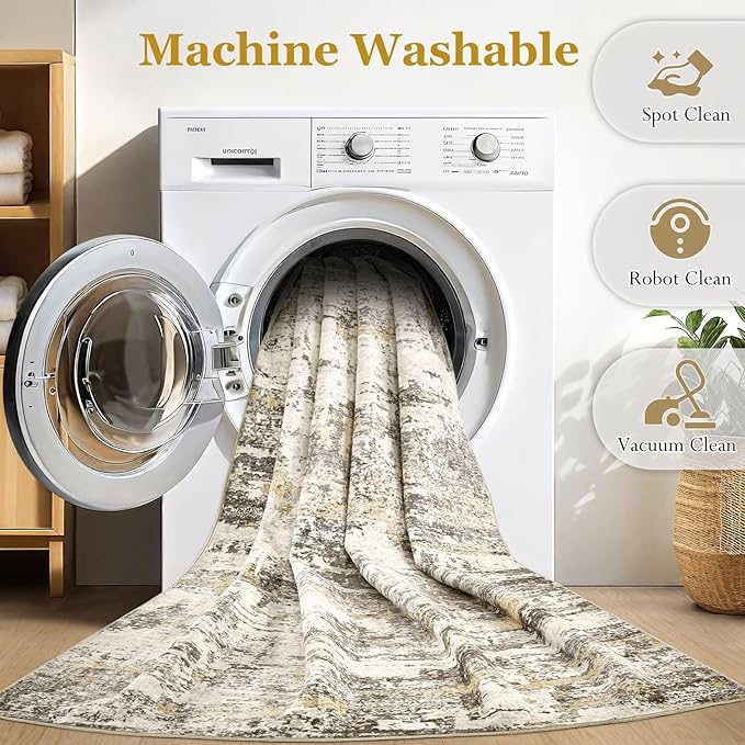 Area Rugs for Living Room: 8x10 Abstract Washable Rug Modern Neutral Large Soft Stain Resistant Non-Slip Backing Machine Table for Bedroom Dining Room Indoor Home Office Carpet - Gold Brown