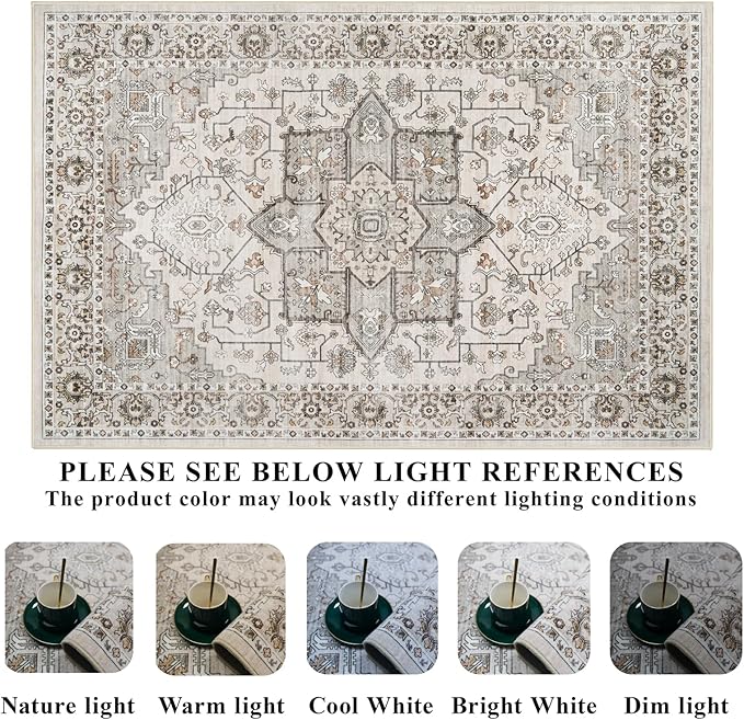 RUUGME Washable 9 ft Round Rug - Large Boho Rugs for Living Room Stain Resistant Carpet Vintage Tribal Rugs for Bedroom Kitchen with Non Slip Backing Floor Decoration Mat 9ft Ivory