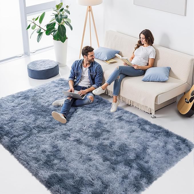 Zentavio Area Rugs for Living Room Large Rugs for Bedroom 5x8 Carpet Fluffy Fuzzy Soft Shag Aesthetic Plush High Pile Gray Throw Rug for Nursery Kids Room Dorm Tie-Dyed Blue Grey