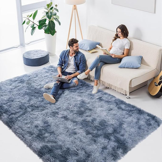 Zentavio Area Rugs for Living Room Large Rugs for Bedroom 5x8 Carpet Fluffy Fuzzy Soft Shag Aesthetic Plush High Pile Gray Throw Rug for Nursery Kids Room Dorm Tie-Dyed Blue Grey