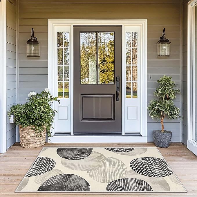 3x5 Entryway Rug Abstract Minimalist Black Beige Circle Neutral Area Rug Bedroom Bedside Small Carpet Bathroom Non Slip Indoor Entrance Low Pile Door Mat Kitchen Stain Resistant Washable Machine