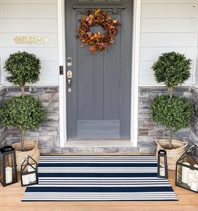 Blue and White Outdoor Rug 24'' x 51''Striped Front Porch Mat Hand-Woven Machine Washable Layered Door Mats for Entryway/Bedroom