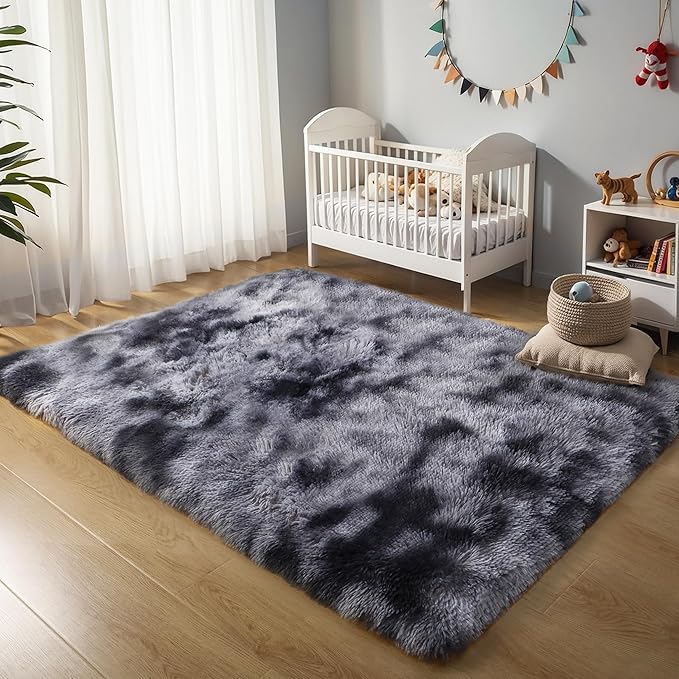 Thick Area Rug 5x7 Dark Grey Fluffy Shag for Bedroom, Extra Soft Plush Fuzzy Washable Thickened Non-Slip Carpet, Modern Furry Shaggy Rug for Living Room Kids Nursery Dorm Room, Tie-Dye Gray