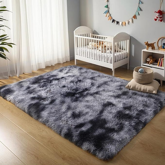 Thick Area Rug 5x7 Dark Grey Fluffy Shag for Bedroom, Extra Soft Plush Fuzzy Washable Thickened Non-Slip Carpet, Modern Furry Shaggy Rug for Living Room Kids Nursery Dorm Room, Tie-Dye Gray