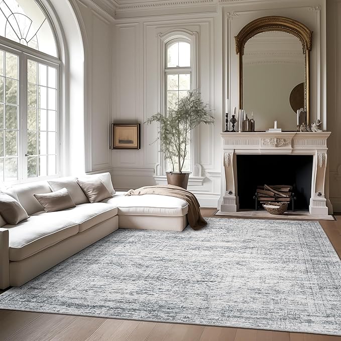 10x14 Area Rugs for Living Room, Non Slip Machine Washable Vintage Rugs, Low Pile Lightweight Large Rug for Bedroom, Dining Room, Home Office Grey