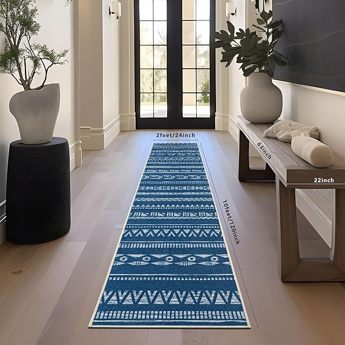 Runners for Hallways Kitchen Runner Rug Non Slip 2x10 Long Washable Runner Rugs Tear and Stain Resistance, Hand Woven Style, No Pile, Thin Rug for Hallways, Kitchen, Bedroom, Bathroom- Blue