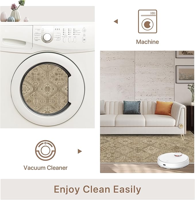 Bavni 9x12 Area Rugs for Living Room, Machine Washable Rug Non Slip, Vintage Chenille Distressed Print Carpet, Large Low Pile Ultra-Thin Lightweight Rugs for Bedroom, Dining Room, Office, Nut Brown