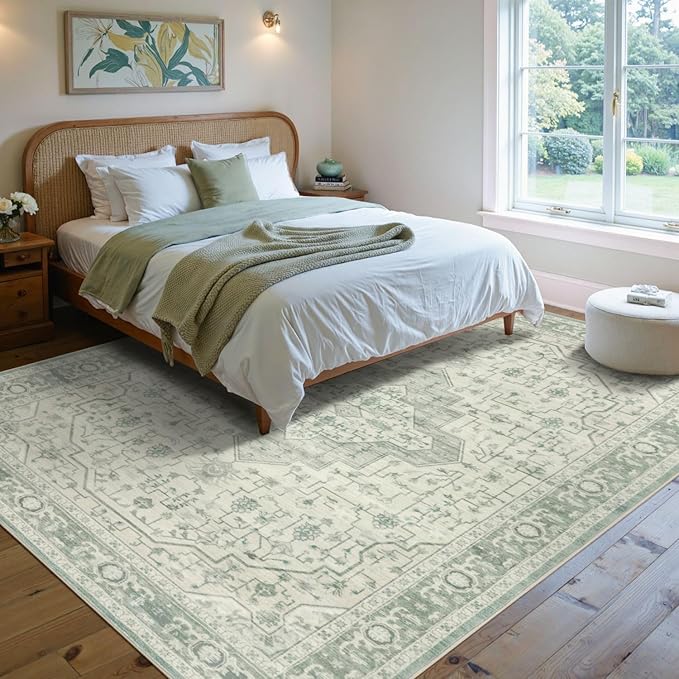 5X7 Washable Area Rug for Living Room, Vintage Large Boho Rugs for Office, Dining Room, Kids Room, Farmhouse, Durable Low Pile Non Slip Carpet for High Traffic Areas, Sage Green