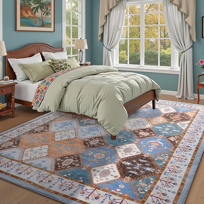 5x7 Blue Washable Area Rug for Living Room, Boho Non-Slip Bedroom Rugs, Moroccan Floral Trellis Carpet Soft Low Pile Accent Indoor Mat for Kitchen Laundry Room