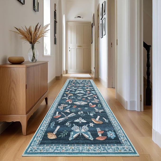 2.5x8 Runner Rug for Hallway Washable Kitchen Rugs Non Slip with Rubber Back Mushroom Soft Low-Pile Stain Resistant Foldable Indoor Carpet for Entryway Laundry Room Floor Mats Blue