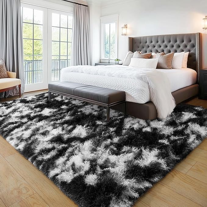 Black and White Rug for Living Room, 6x9 Fluffy Plush Area Rugs Anti-Skid Floor Carpets, Ultra Soft Modern Indoor Shag Rug for Bedroom Nursery Kids Room Dorm Home Decor Aesthetic