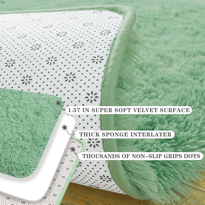 2x3 Fluffy Small Rugs for Bedroom Living Room Dorm Kids Room Home Decor, Soft Indoor Fuzzy Shag Area Rug, Non-Slip Rectangle Plush Throw Rug, Sage Green