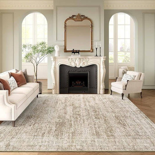 10x14 Area Rugs for Living Room, Non Slip Machine Washable Vintage Rugs, Low Pile Lightweight Large Rug for Bedroom, Dining Room, Home Office Brown